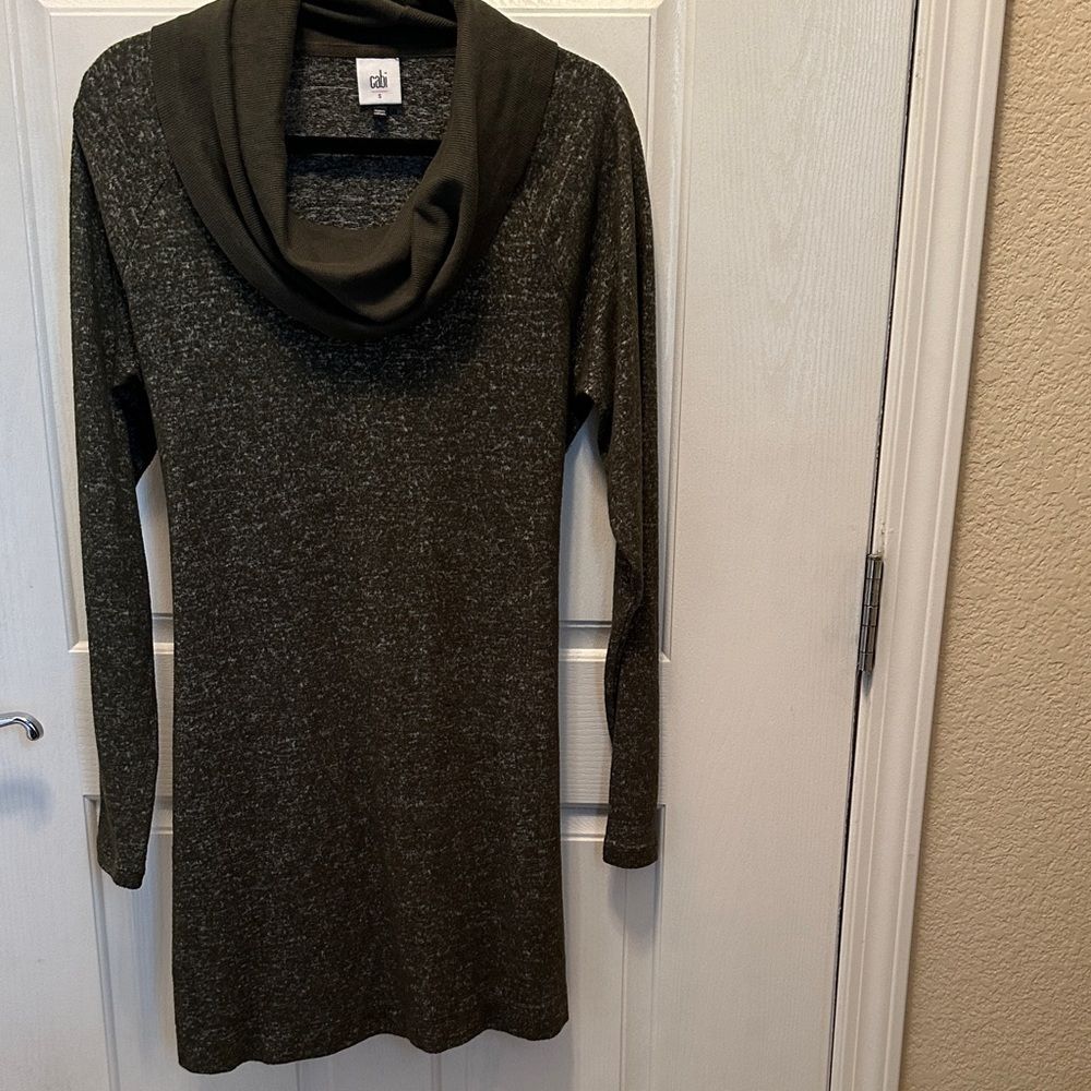 CAbi Women's Dark Olive Green Heathered Cowl Neck Sweater Knit Dress Size Small